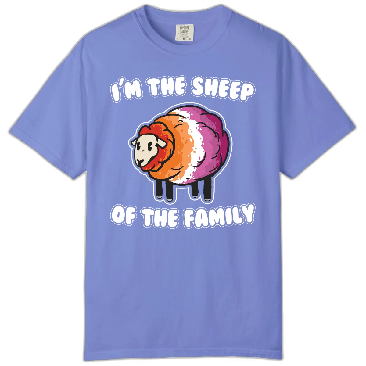Colorful cartoon sheep with rainbow wool stripes and text 'I'm The Sheep Of The Family' on gray background in Flo Blue