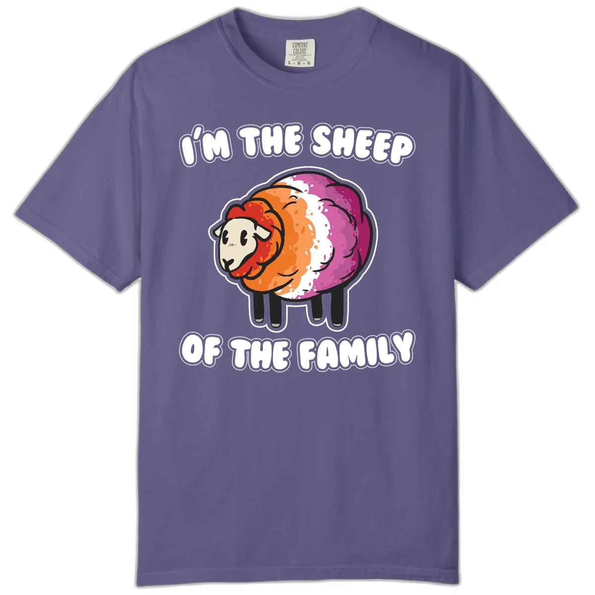 Colorful cartoon sheep with rainbow wool stripes and text 'I'm The Sheep Of The Family' on gray background in Grape