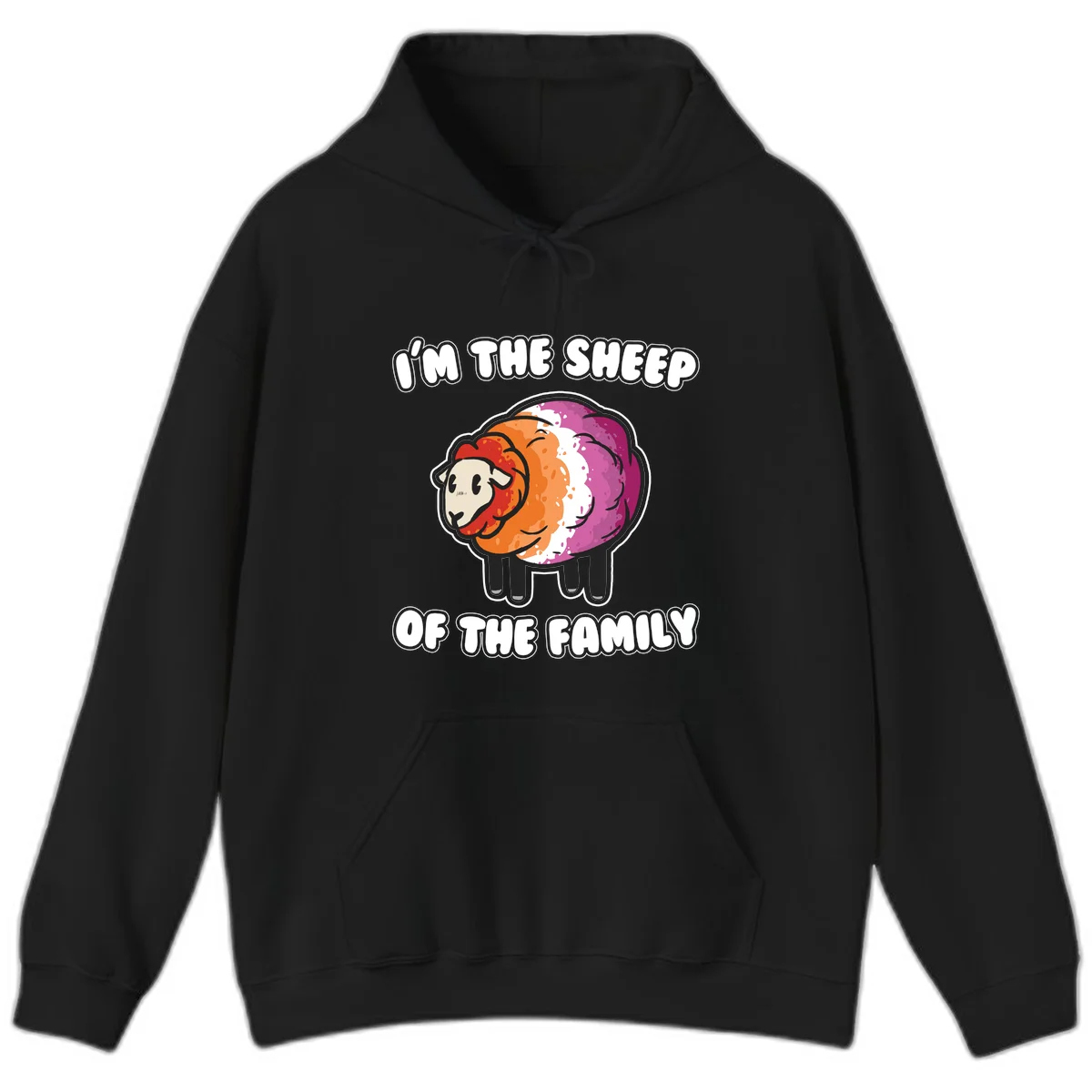 Colorful cartoon sheep with rainbow wool stripes and text 'I'm The Sheep Of The Family' on gray background in Black