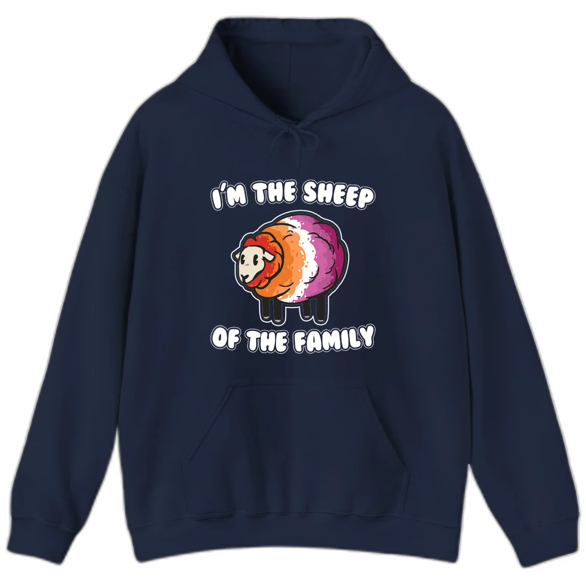 Colorful cartoon sheep with rainbow wool stripes and text 'I'm The Sheep Of The Family' on gray background in Navy