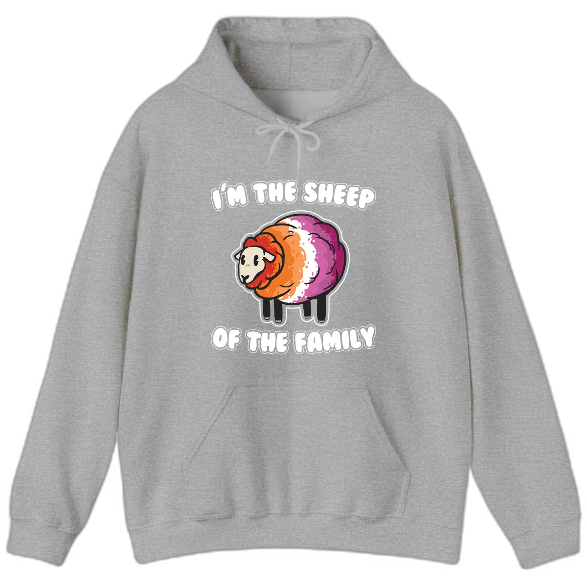 Colorful cartoon sheep with rainbow wool stripes and text 'I'm The Sheep Of The Family' on gray background in Sport Grey