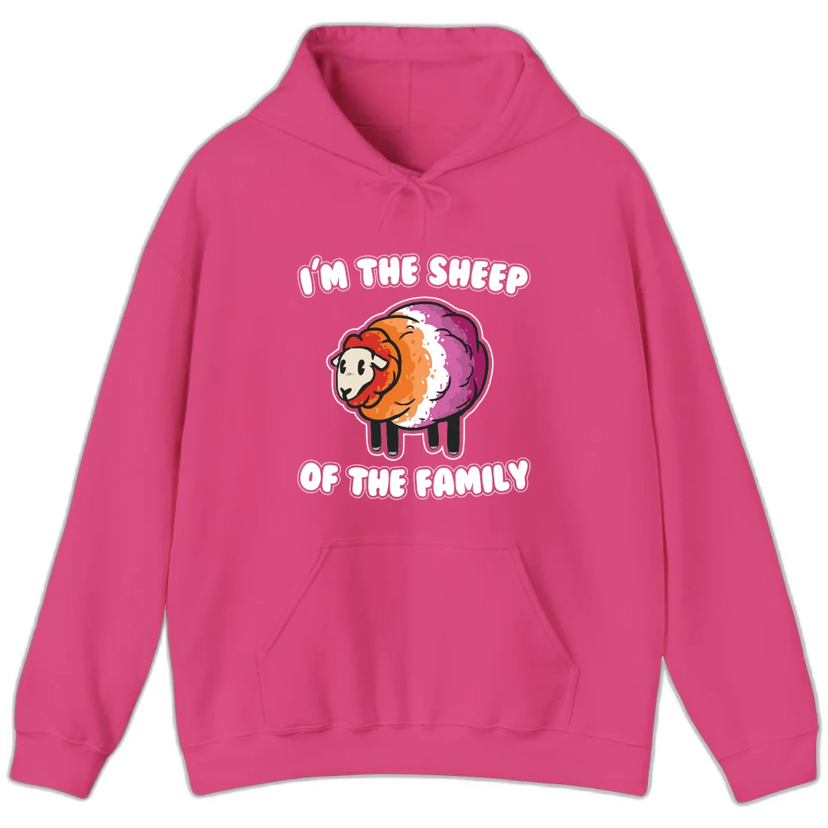 Colorful cartoon sheep with rainbow wool stripes and text 'I'm The Sheep Of The Family' on gray background in Heliconia