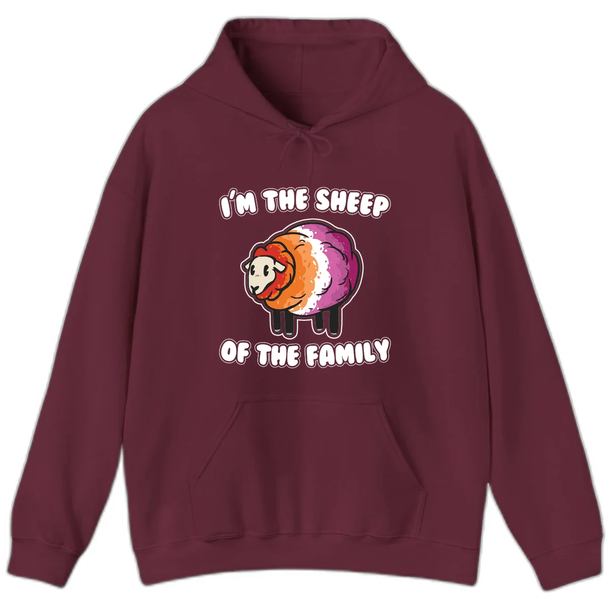 Colorful cartoon sheep with rainbow wool stripes and text 'I'm The Sheep Of The Family' on gray background in Maroon
