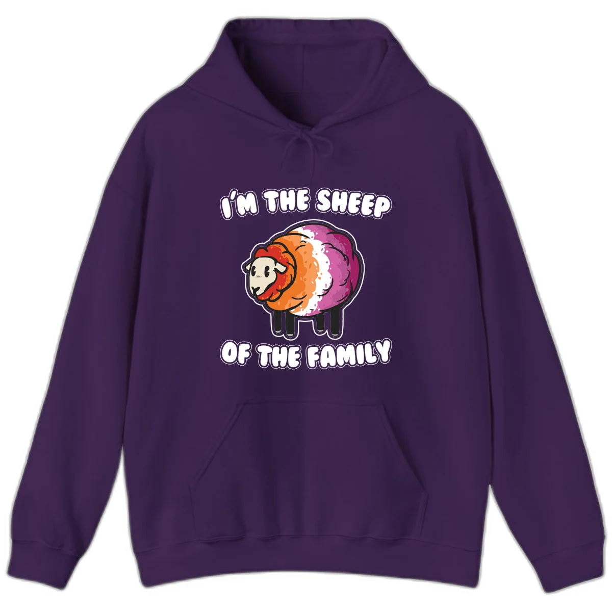 Colorful cartoon sheep with rainbow wool stripes and text 'I'm The Sheep Of The Family' on gray background in Purple