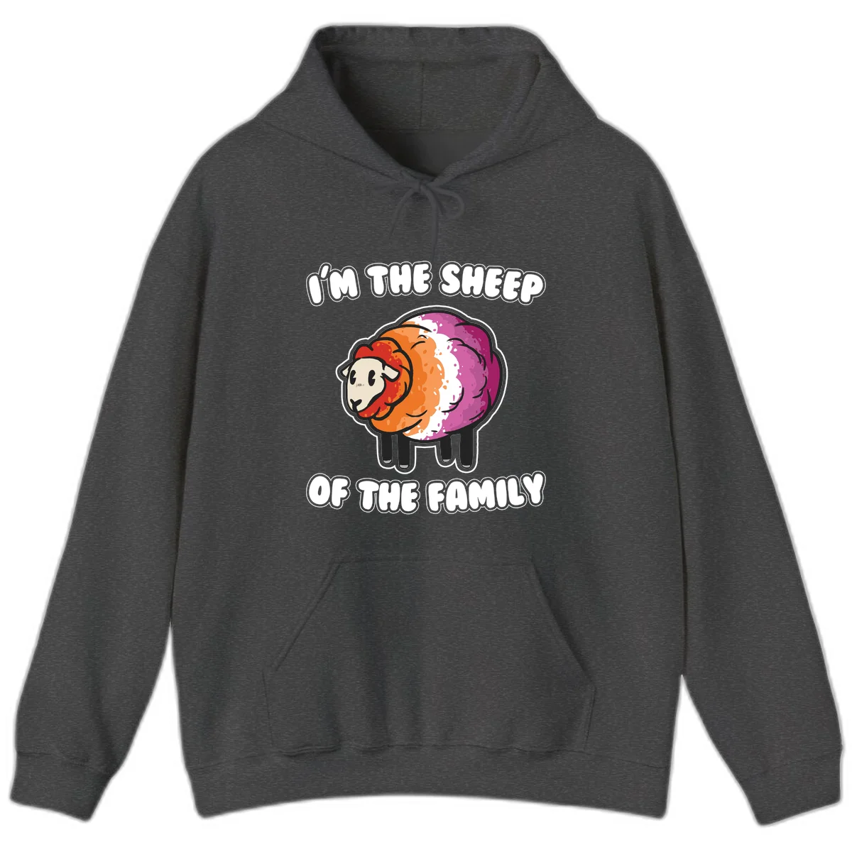 Colorful cartoon sheep with rainbow wool stripes and text 'I'm The Sheep Of The Family' on gray background in Dark Heather