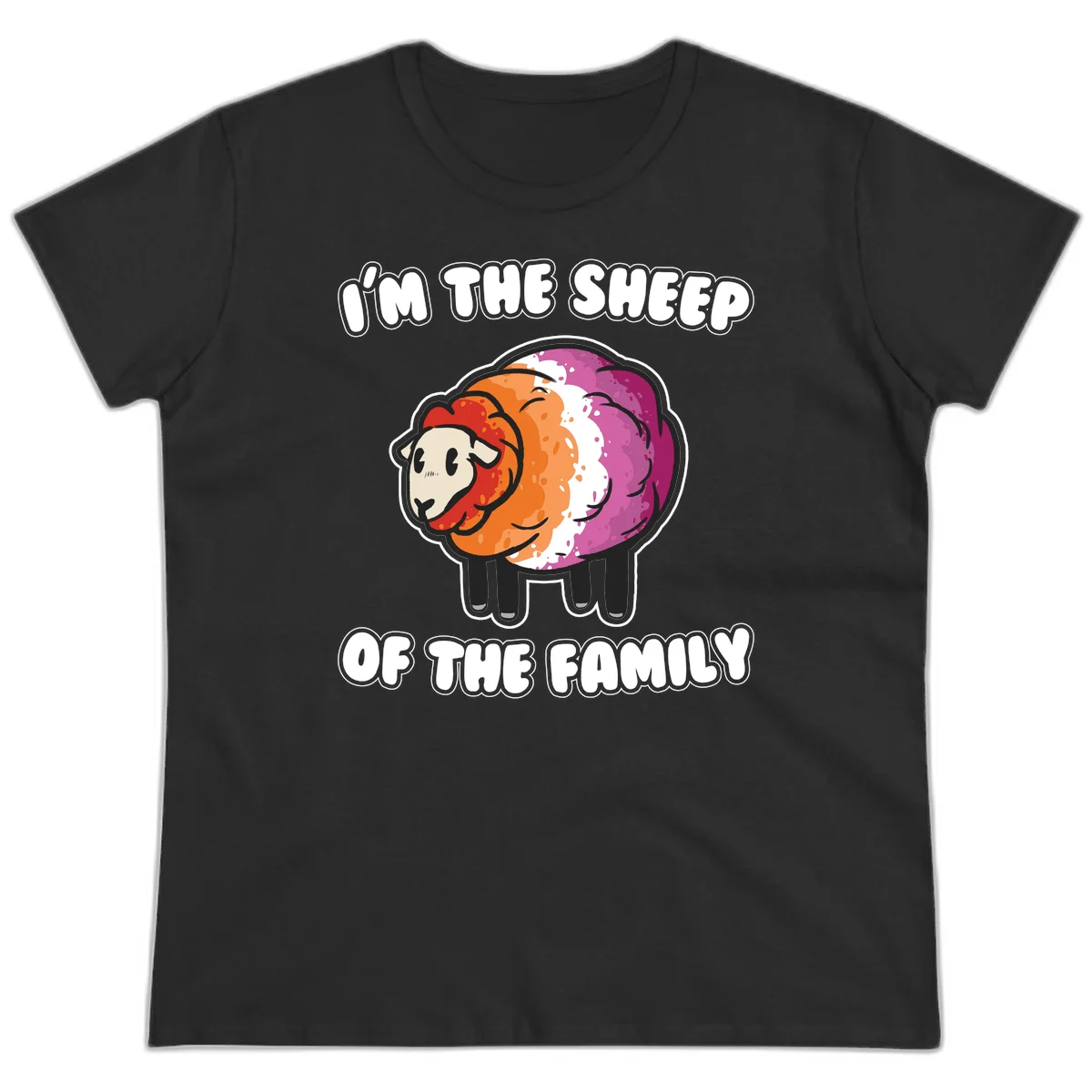 Colorful cartoon sheep with rainbow wool stripes and text 'I'm The Sheep Of The Family' on gray background in Black