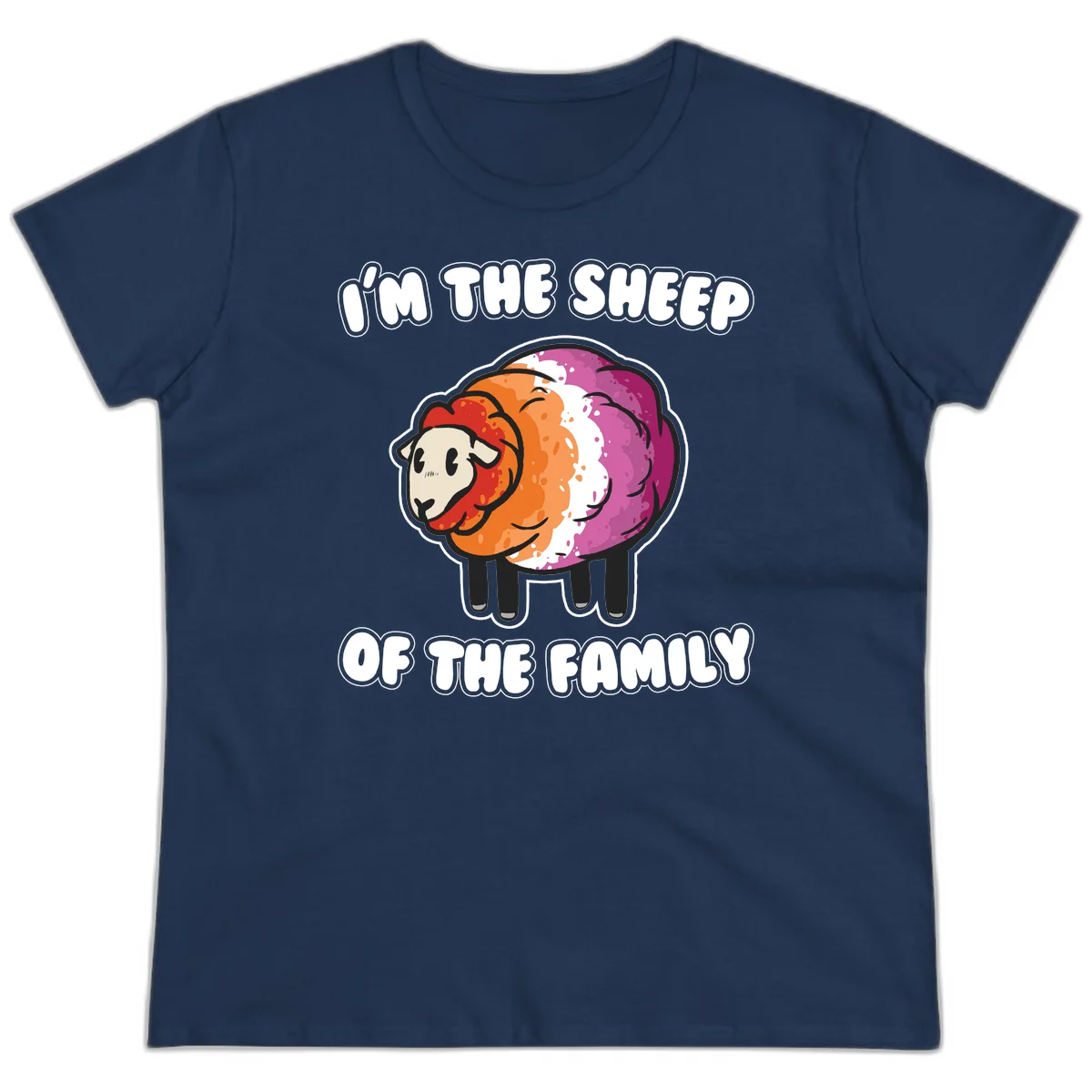 Colorful cartoon sheep with rainbow wool stripes and text 'I'm The Sheep Of The Family' on gray background in Navy