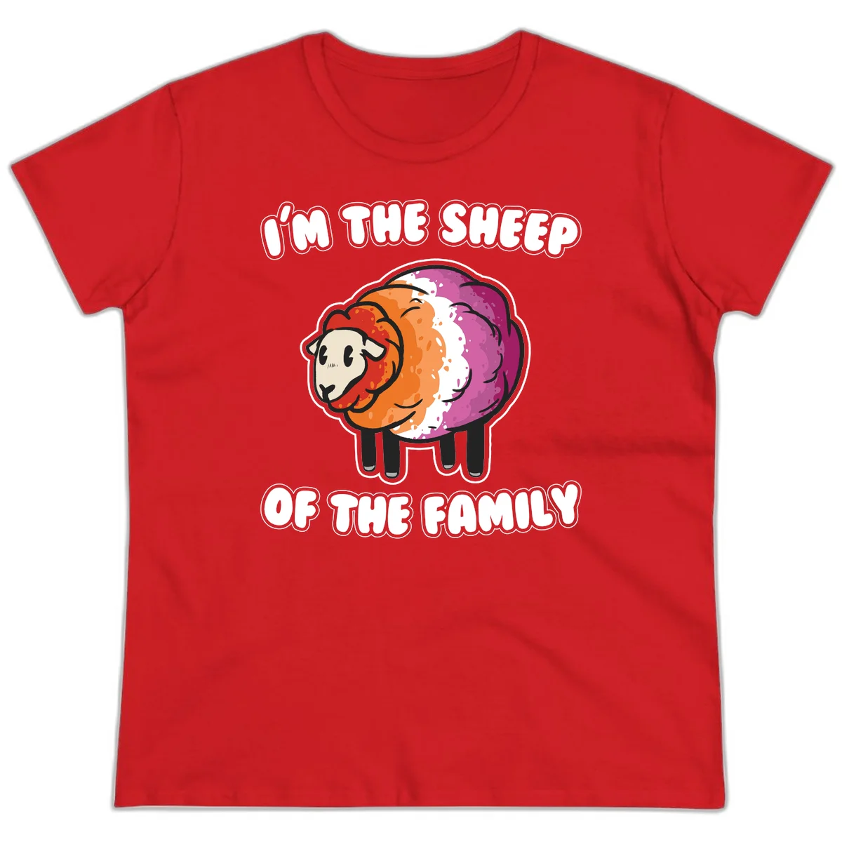 Colorful cartoon sheep with rainbow wool stripes and text 'I'm The Sheep Of The Family' on gray background in Red