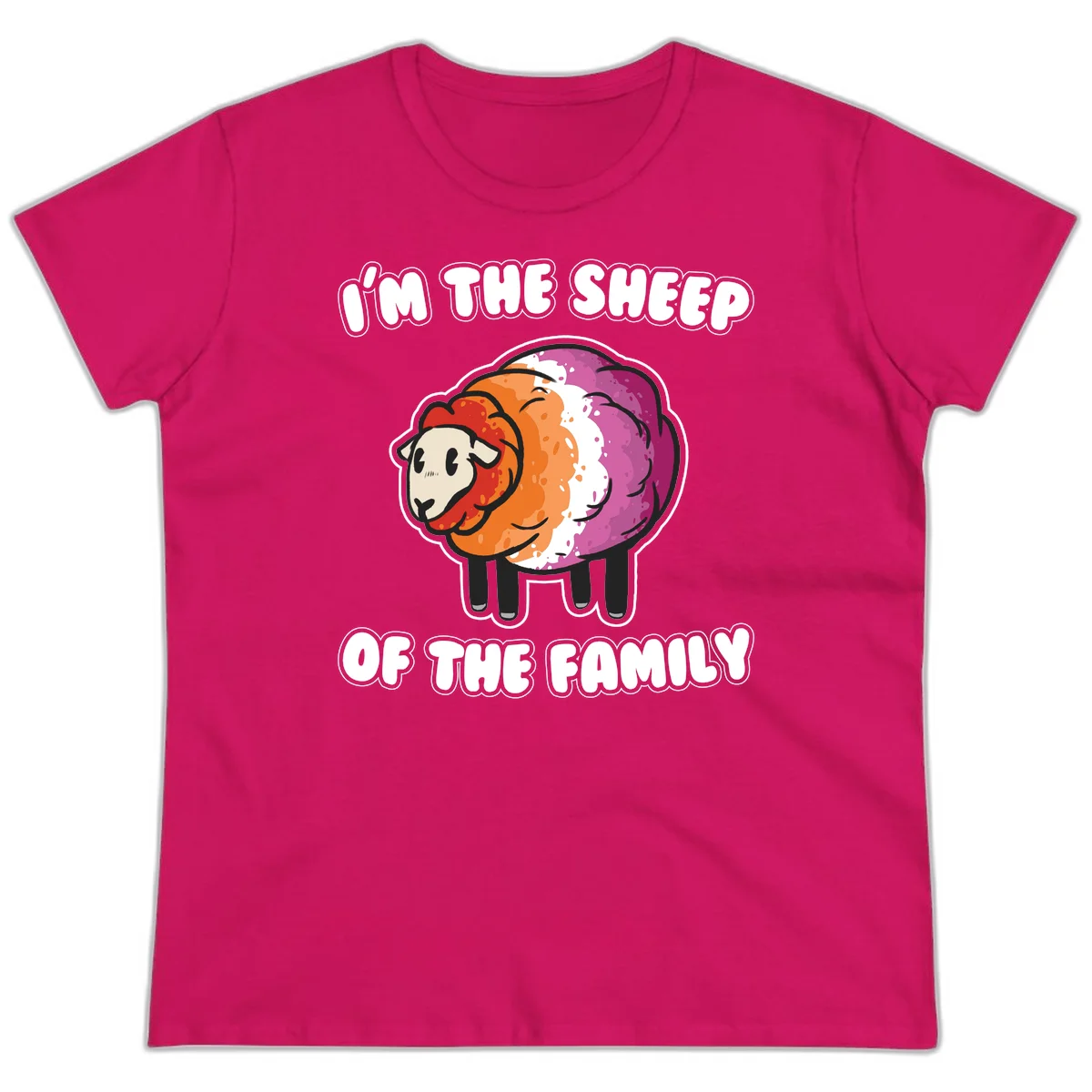 Colorful cartoon sheep with rainbow wool stripes and text 'I'm The Sheep Of The Family' on gray background in Heliconia