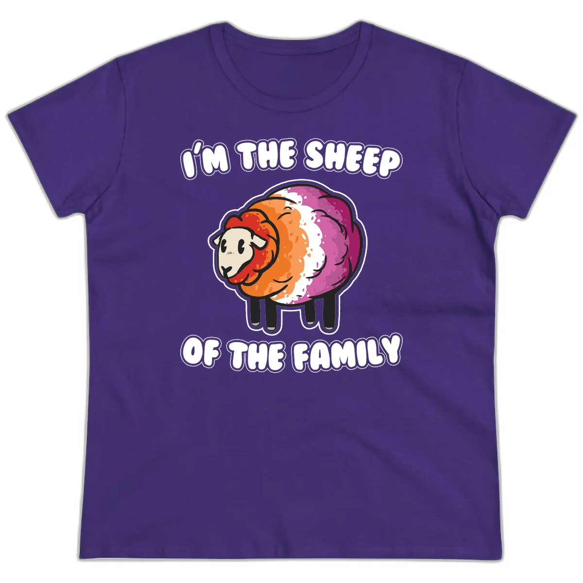 Colorful cartoon sheep with rainbow wool stripes and text 'I'm The Sheep Of The Family' on gray background in Purple