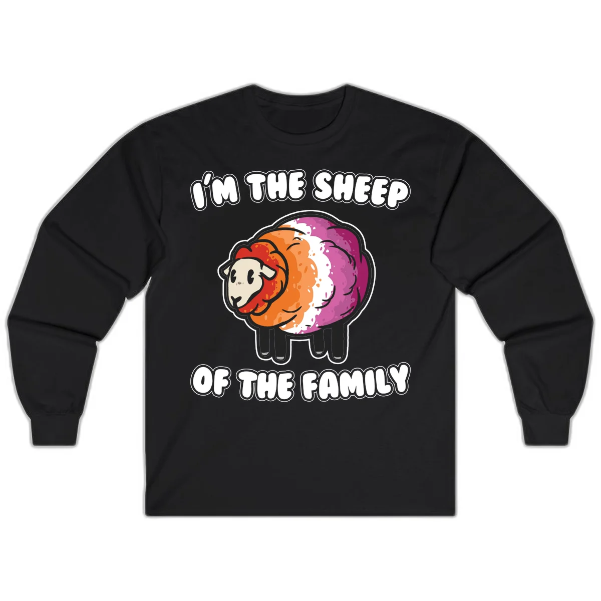 Colorful cartoon sheep with rainbow wool stripes and text 'I'm The Sheep Of The Family' on gray background in Black