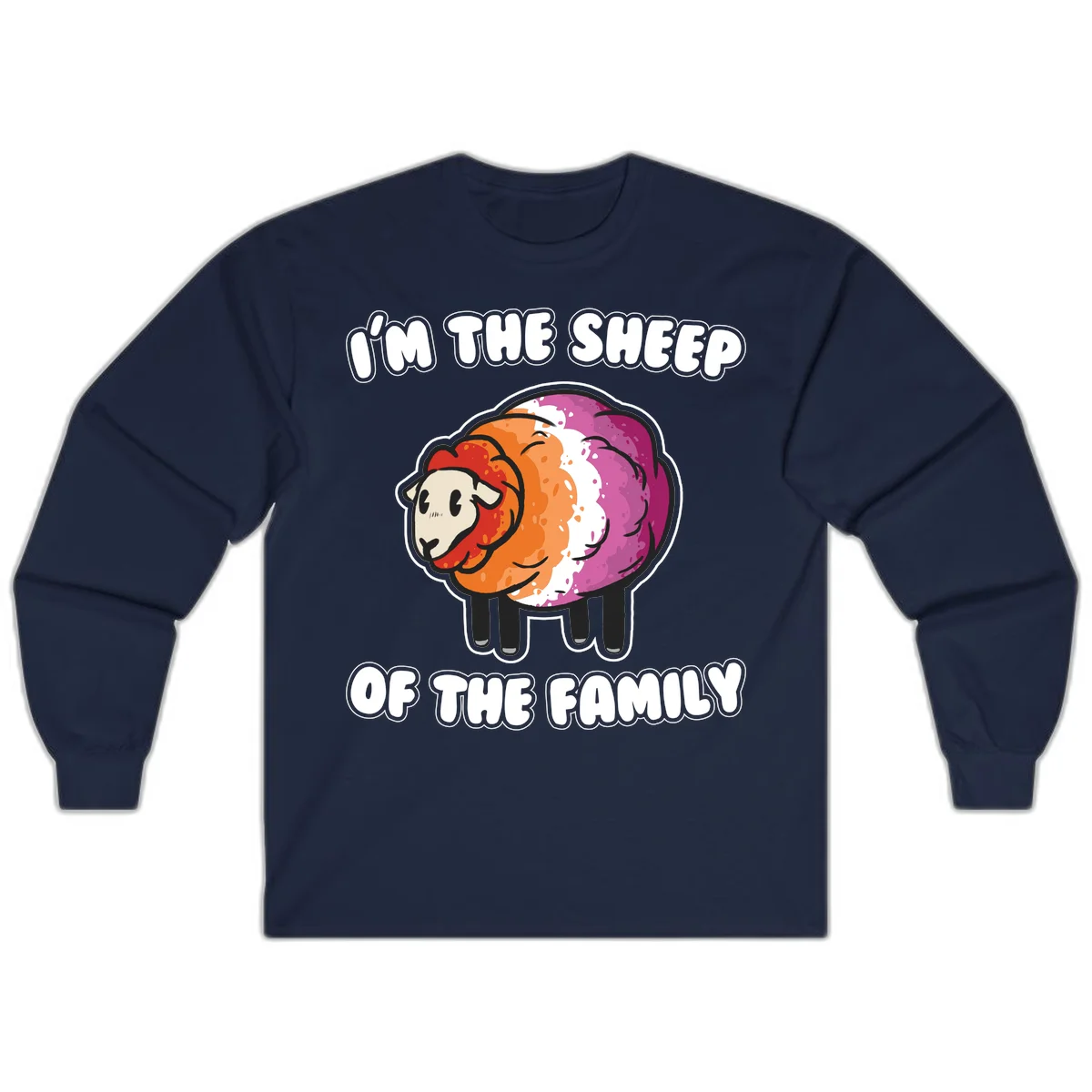 Colorful cartoon sheep with rainbow wool stripes and text 'I'm The Sheep Of The Family' on gray background in Navy