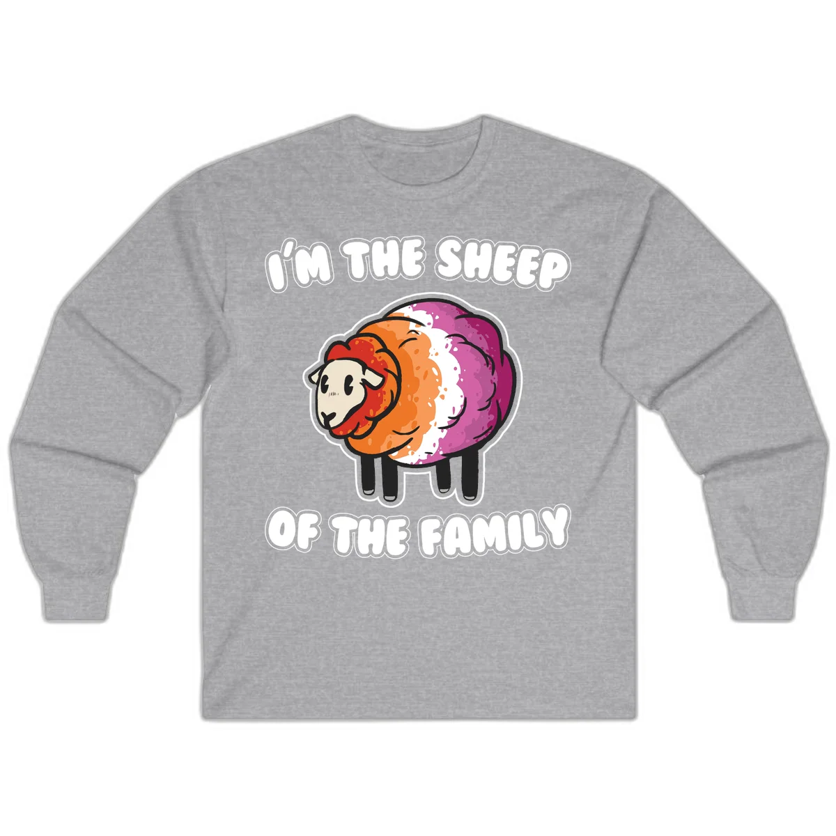 Colorful cartoon sheep with rainbow wool stripes and text 'I'm The Sheep Of The Family' on gray background in Sport Grey