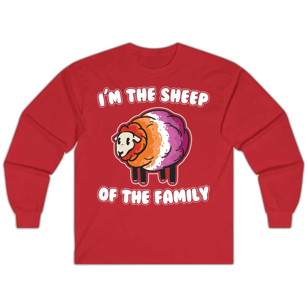 Colorful cartoon sheep with rainbow wool stripes and text 'I'm The Sheep Of The Family' on gray background in Red