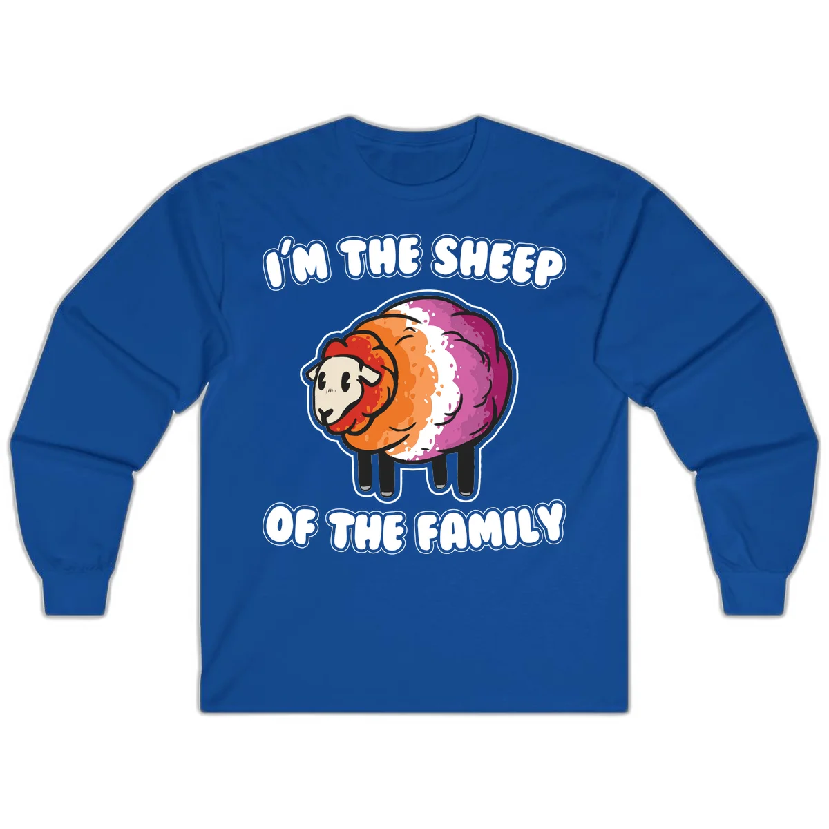 Colorful cartoon sheep with rainbow wool stripes and text 'I'm The Sheep Of The Family' on gray background in Royal
