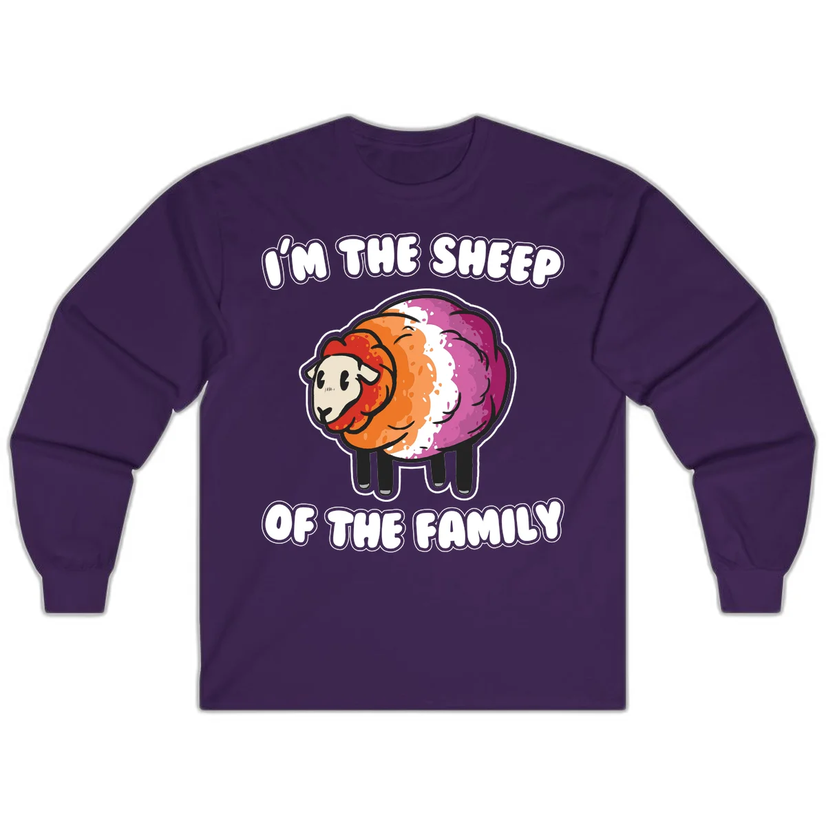 Colorful cartoon sheep with rainbow wool stripes and text 'I'm The Sheep Of The Family' on gray background in Purple