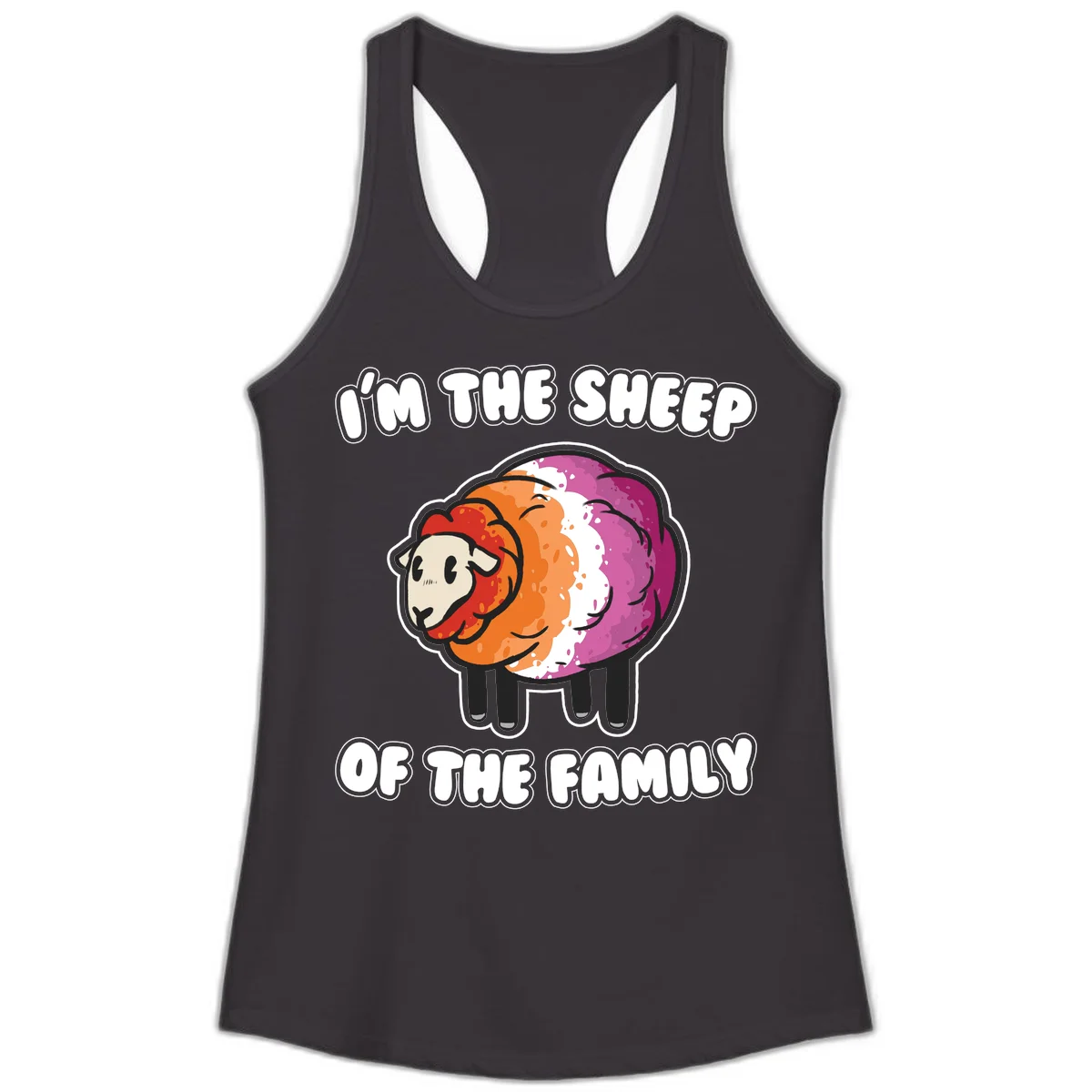 Colorful cartoon sheep with rainbow wool stripes and text 'I'm The Sheep Of The Family' on gray background in Black