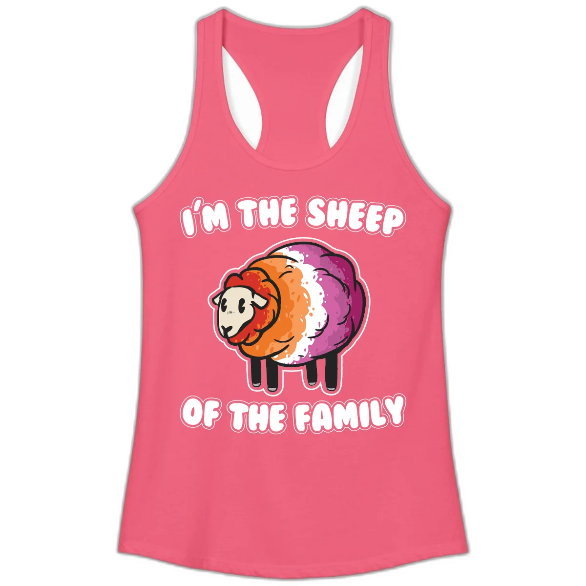 Colorful cartoon sheep with rainbow wool stripes and text 'I'm The Sheep Of The Family' on gray background in Hot Pink