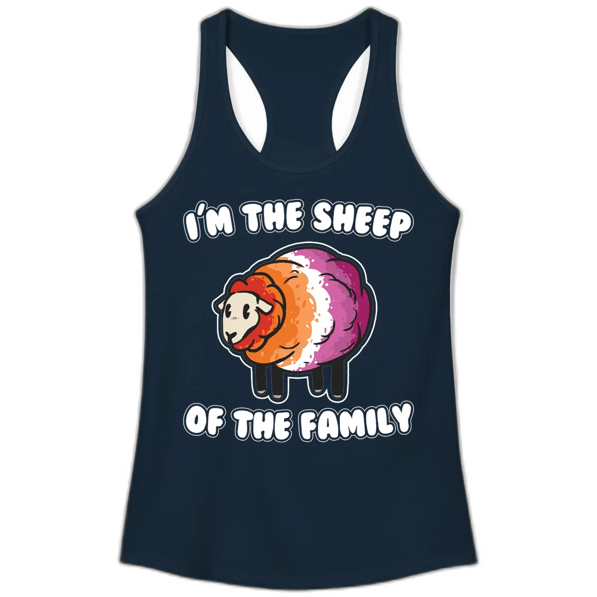 Colorful cartoon sheep with rainbow wool stripes and text 'I'm The Sheep Of The Family' on gray background in Solid Midnight Navy