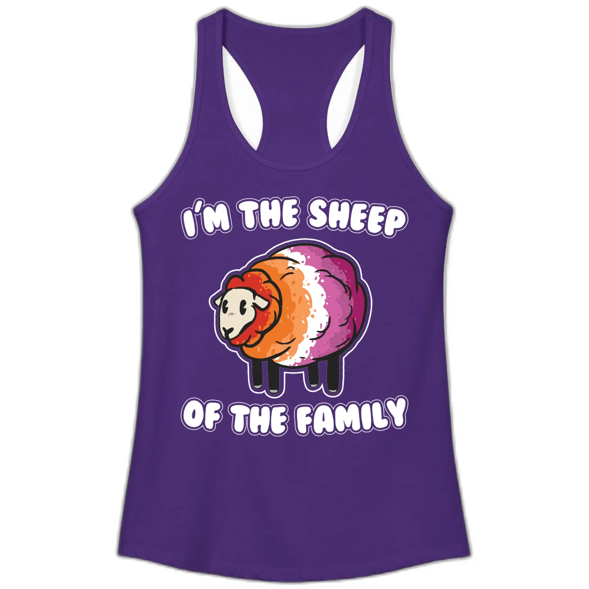 Colorful cartoon sheep with rainbow wool stripes and text 'I'm The Sheep Of The Family' on gray background in Solid Purple Rush