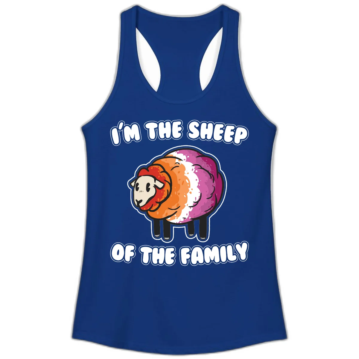 Colorful cartoon sheep with rainbow wool stripes and text 'I'm The Sheep Of The Family' on gray background in Solid Royal