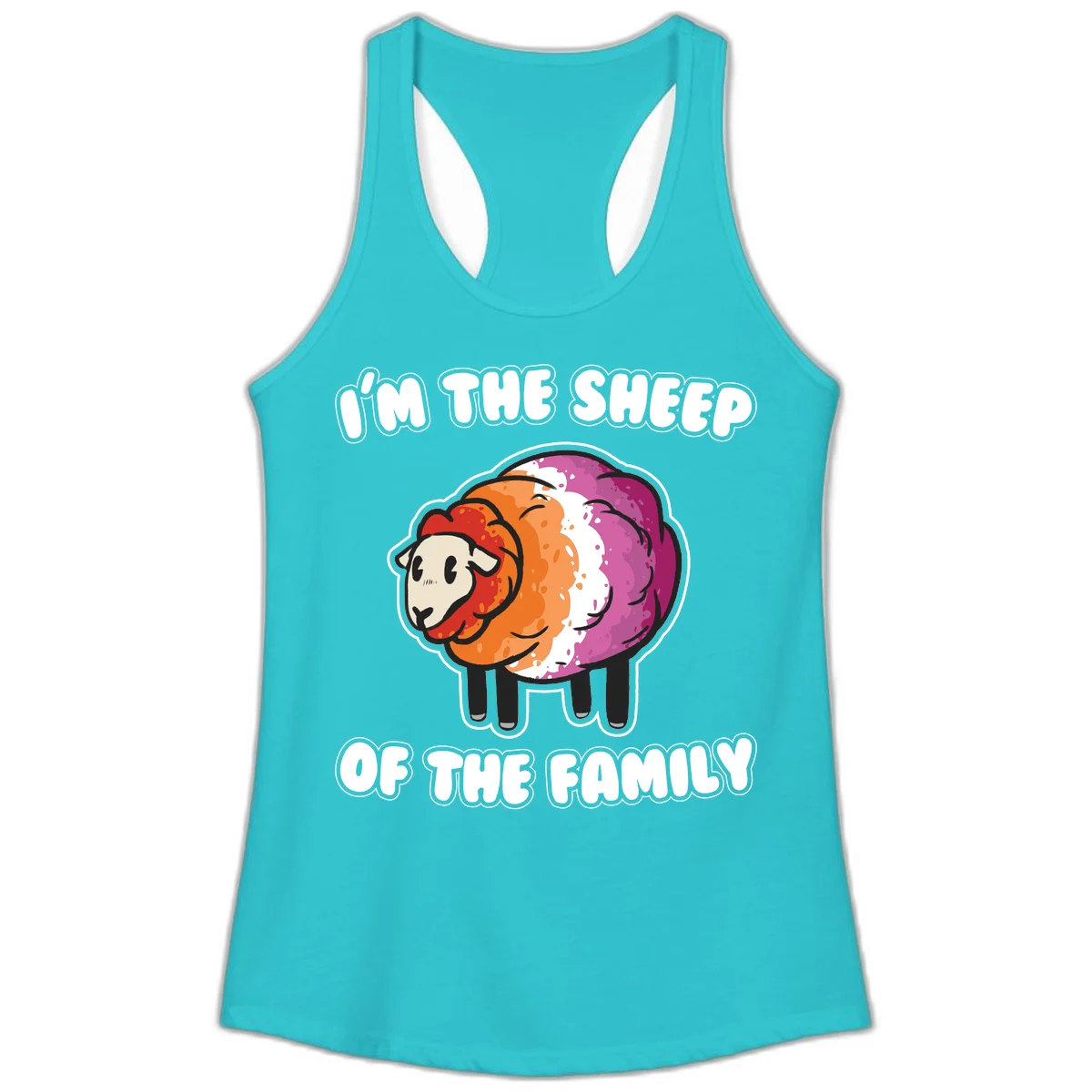 Colorful cartoon sheep with rainbow wool stripes and text 'I'm The Sheep Of The Family' on gray background in Solid Tahiti Blue