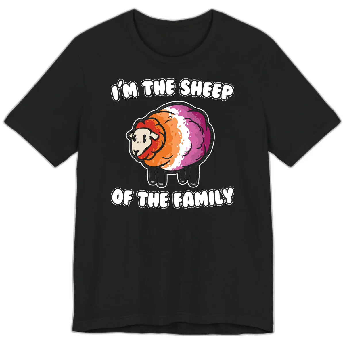 Colorful cartoon sheep with rainbow wool stripes and text 'I'm The Sheep Of The Family' on gray background in Black