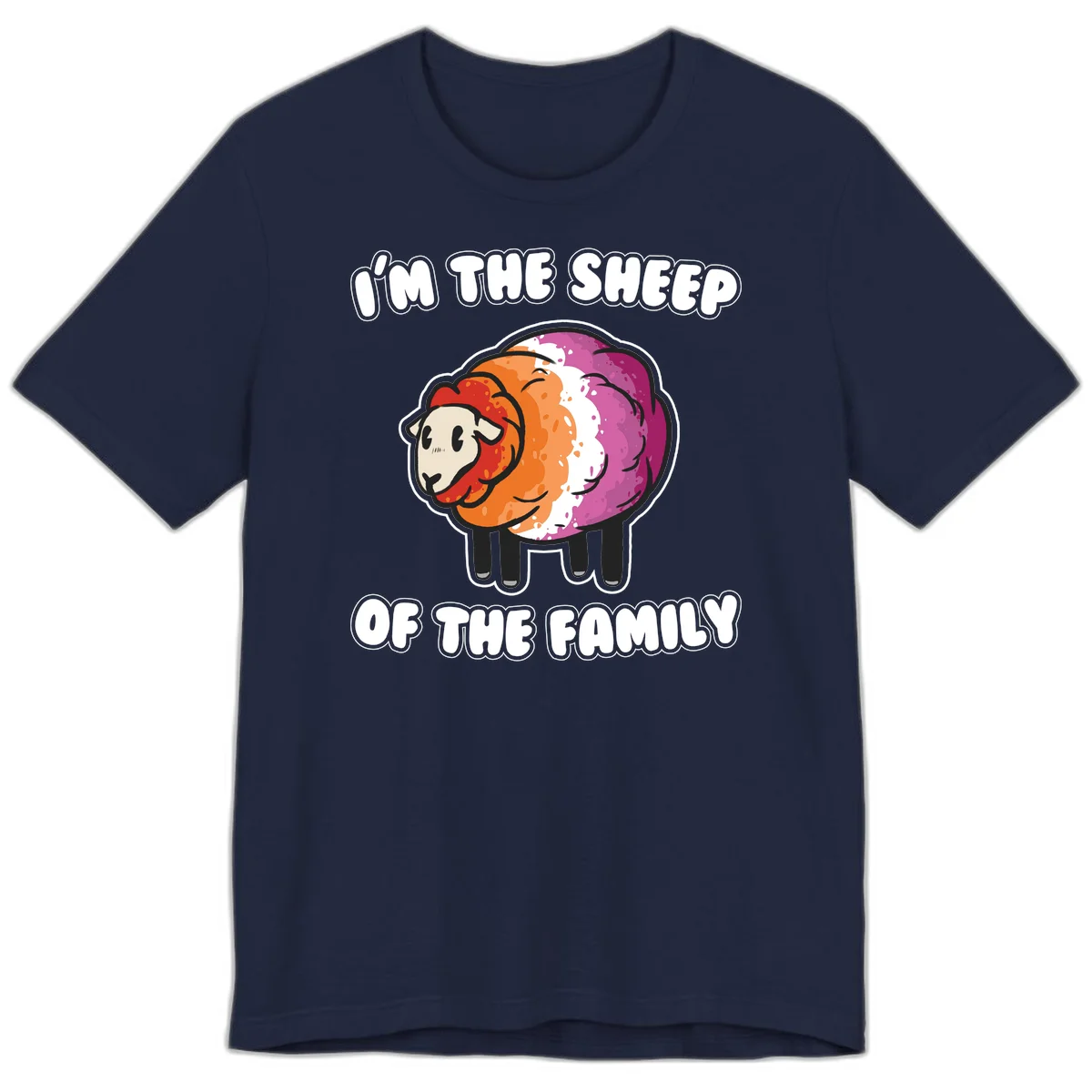 Colorful cartoon sheep with rainbow wool stripes and text 'I'm The Sheep Of The Family' on gray background in Navy