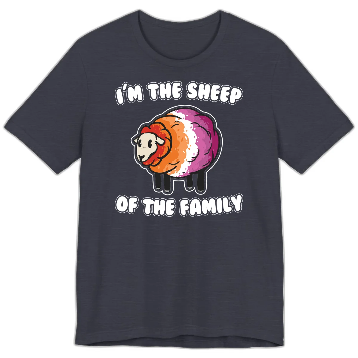 Colorful cartoon sheep with rainbow wool stripes and text 'I'm The Sheep Of The Family' on gray background in Heather Midnight Navy