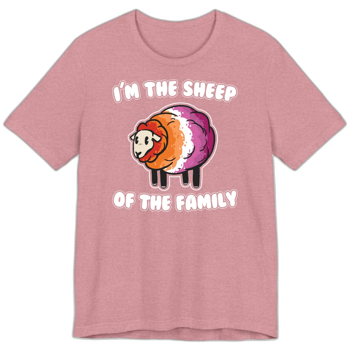 Colorful cartoon sheep with rainbow wool stripes and text 'I'm The Sheep Of The Family' on gray background in Heather Orchid