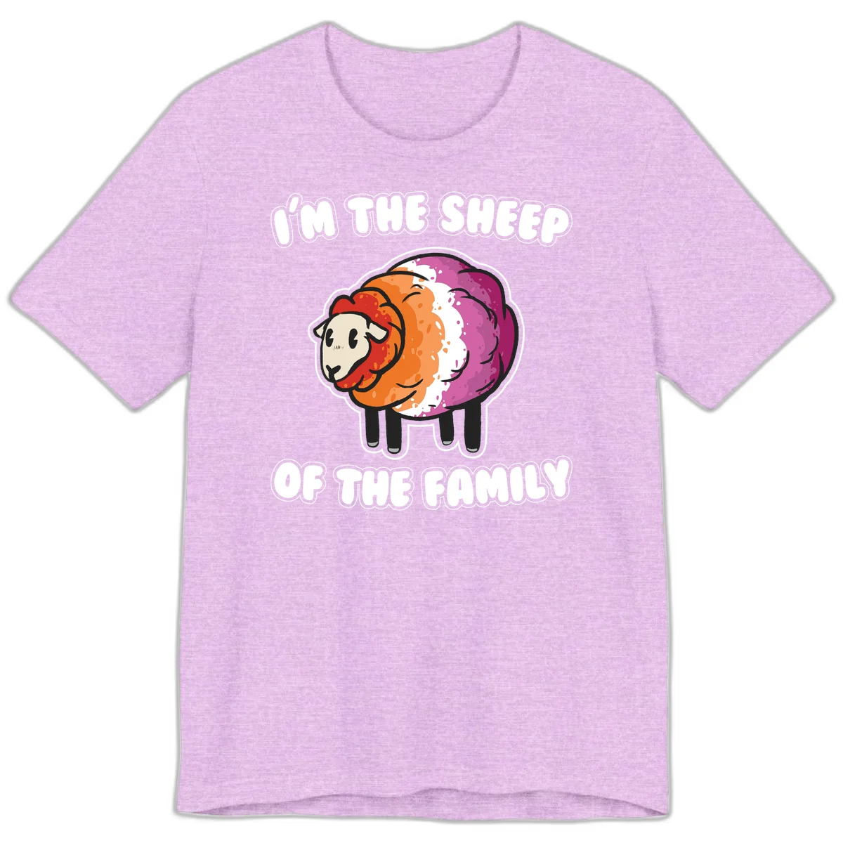 Colorful cartoon sheep with rainbow wool stripes and text 'I'm The Sheep Of The Family' on gray background in Heather Prism Lilac