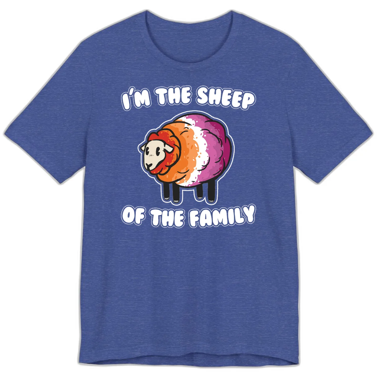 Colorful cartoon sheep with rainbow wool stripes and text 'I'm The Sheep Of The Family' on gray background in Heather True Royal