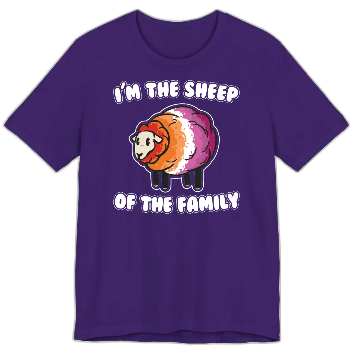 Colorful cartoon sheep with rainbow wool stripes and text 'I'm The Sheep Of The Family' on gray background in Team Purple