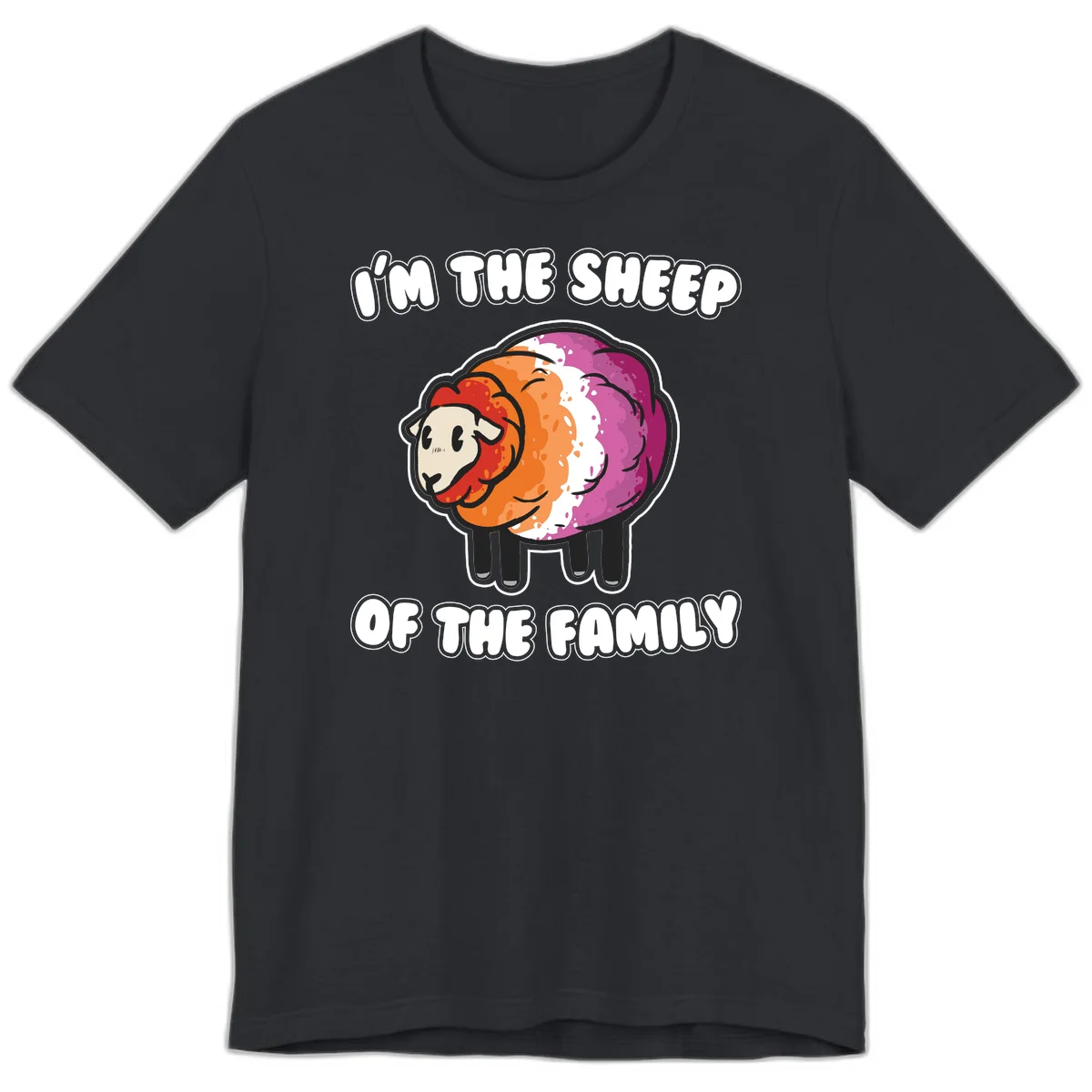 Colorful cartoon sheep with rainbow wool stripes and text 'I'm The Sheep Of The Family' on gray background in Vintage Black