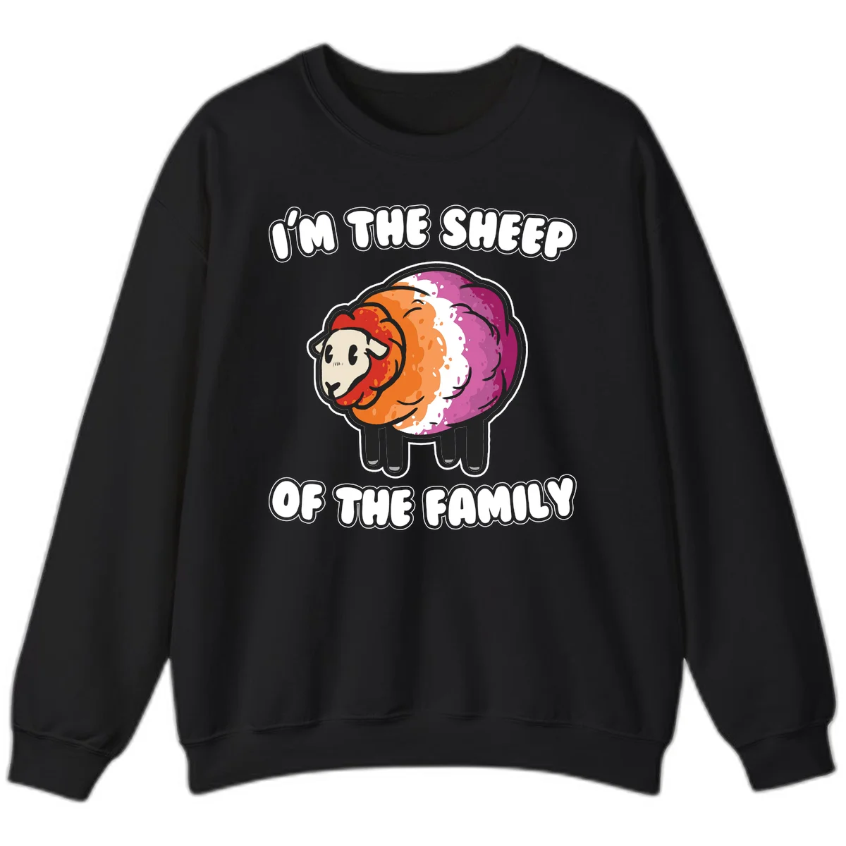 Colorful cartoon sheep with rainbow wool stripes and text 'I'm The Sheep Of The Family' on gray background in Black