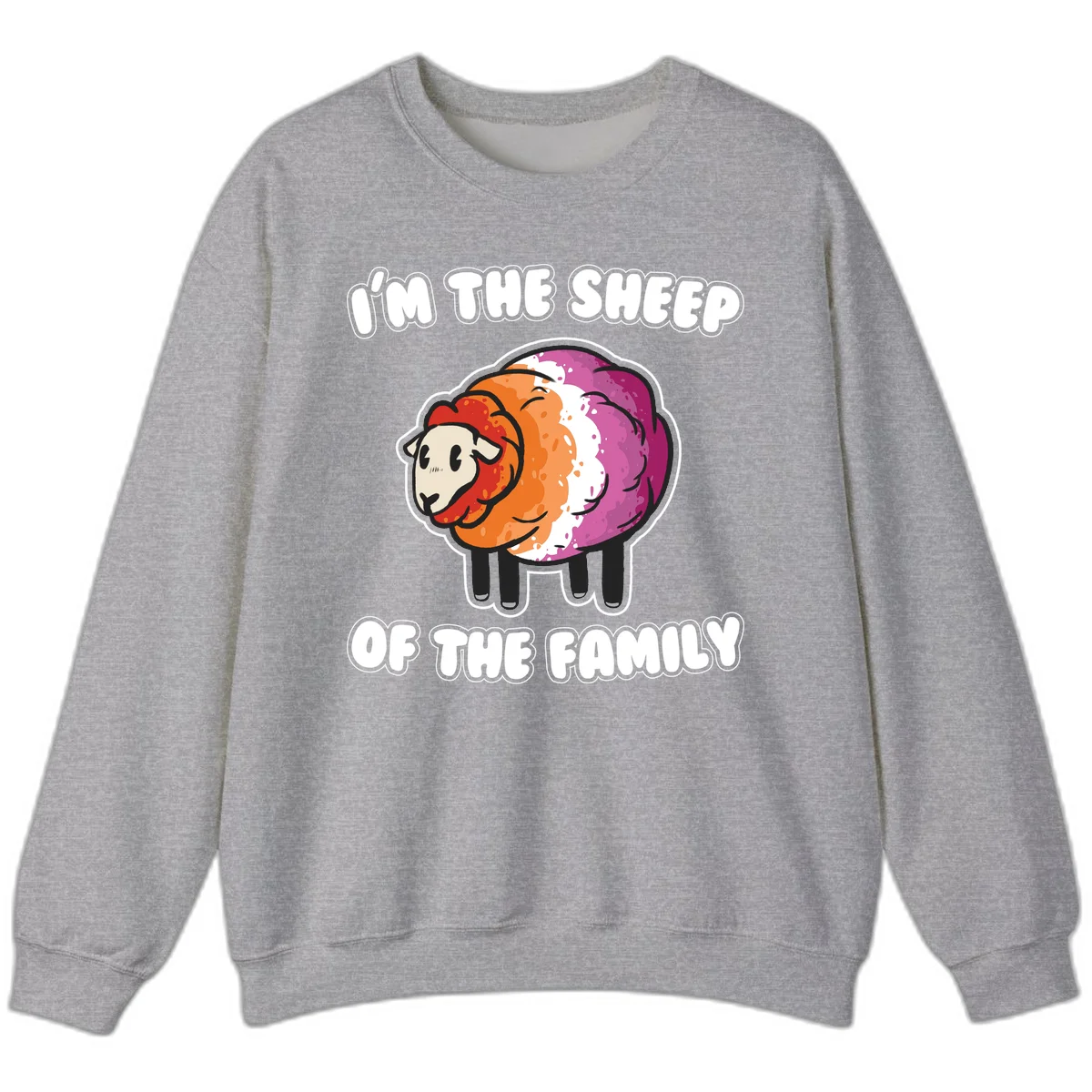 Colorful cartoon sheep with rainbow wool stripes and text 'I'm The Sheep Of The Family' on gray background in Sport Grey