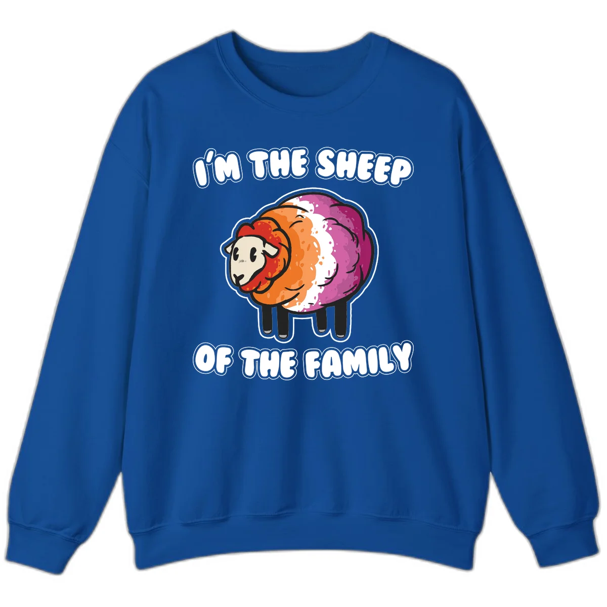 Colorful cartoon sheep with rainbow wool stripes and text 'I'm The Sheep Of The Family' on gray background in Royal
