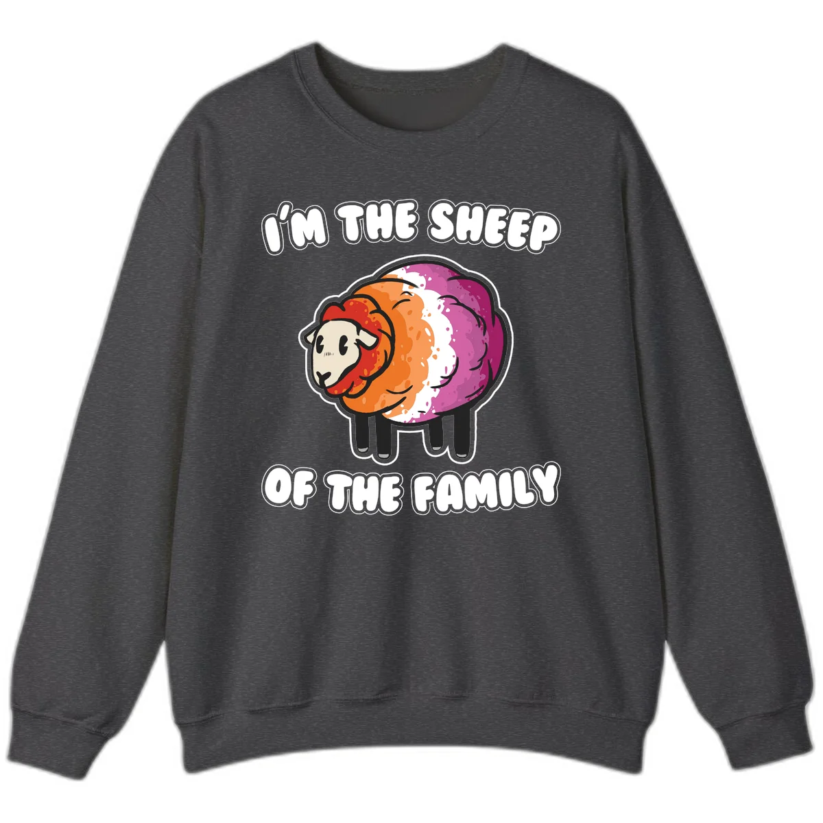 Colorful cartoon sheep with rainbow wool stripes and text 'I'm The Sheep Of The Family' on gray background in Dark Heather