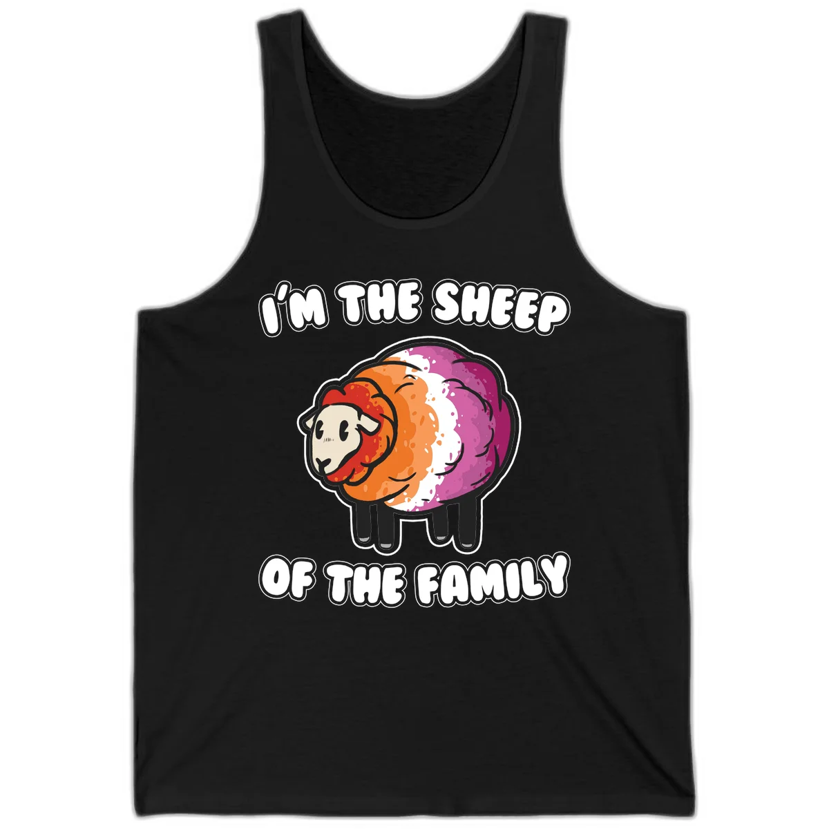 Colorful cartoon sheep with rainbow wool stripes and text 'I'm The Sheep Of The Family' on gray background in Black
