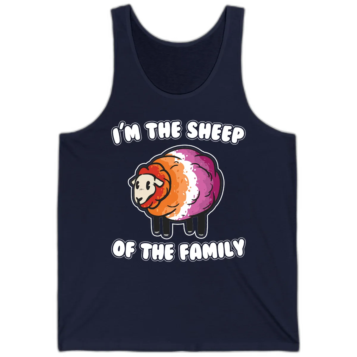 Colorful cartoon sheep with rainbow wool stripes and text 'I'm The Sheep Of The Family' on gray background in Navy