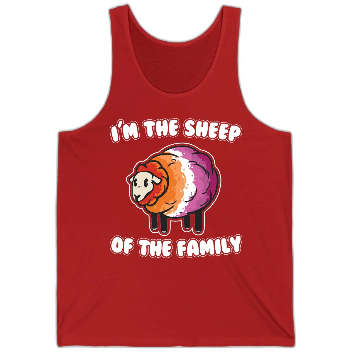Colorful cartoon sheep with rainbow wool stripes and text 'I'm The Sheep Of The Family' on gray background in Red