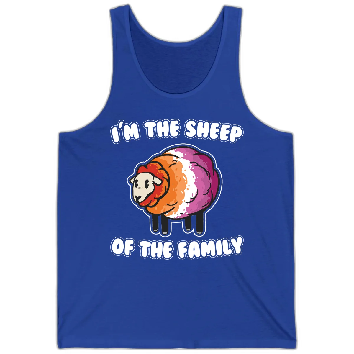 Colorful cartoon sheep with rainbow wool stripes and text 'I'm The Sheep Of The Family' on gray background in True Royal