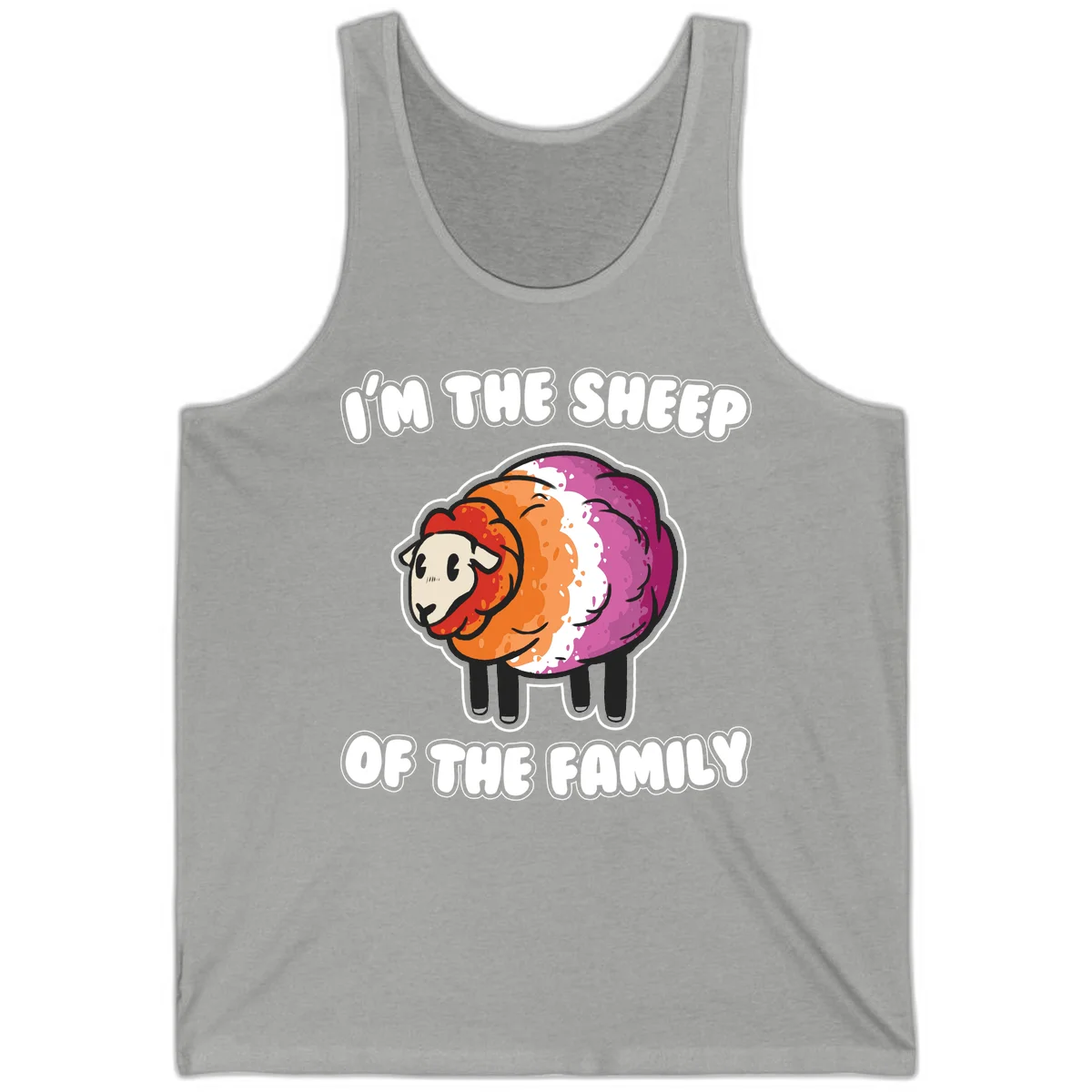 Colorful cartoon sheep with rainbow wool stripes and text 'I'm The Sheep Of The Family' on gray background in Athletic Heather