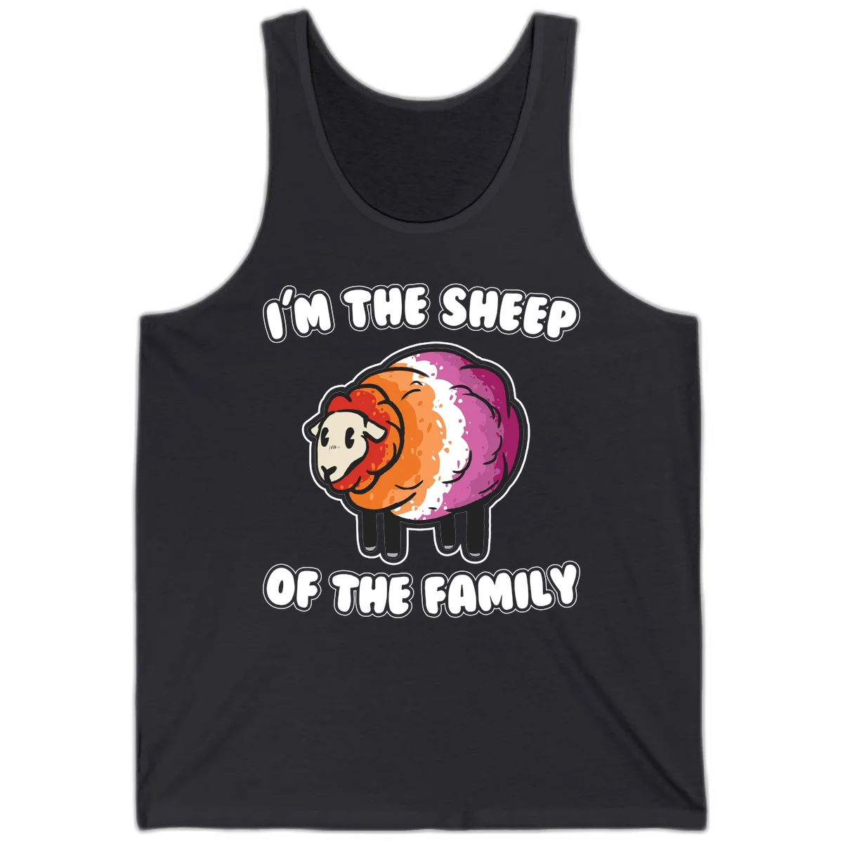 Colorful cartoon sheep with rainbow wool stripes and text 'I'm The Sheep Of The Family' on gray background in Dark Grey