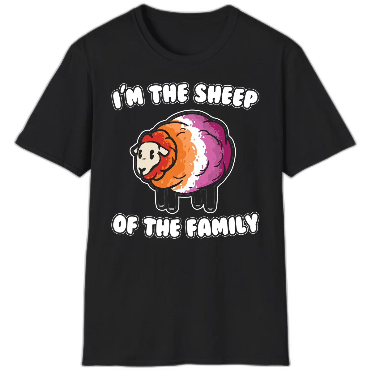 Colorful cartoon sheep with rainbow wool stripes and text 'I'm The Sheep Of The Family' on gray background in Black