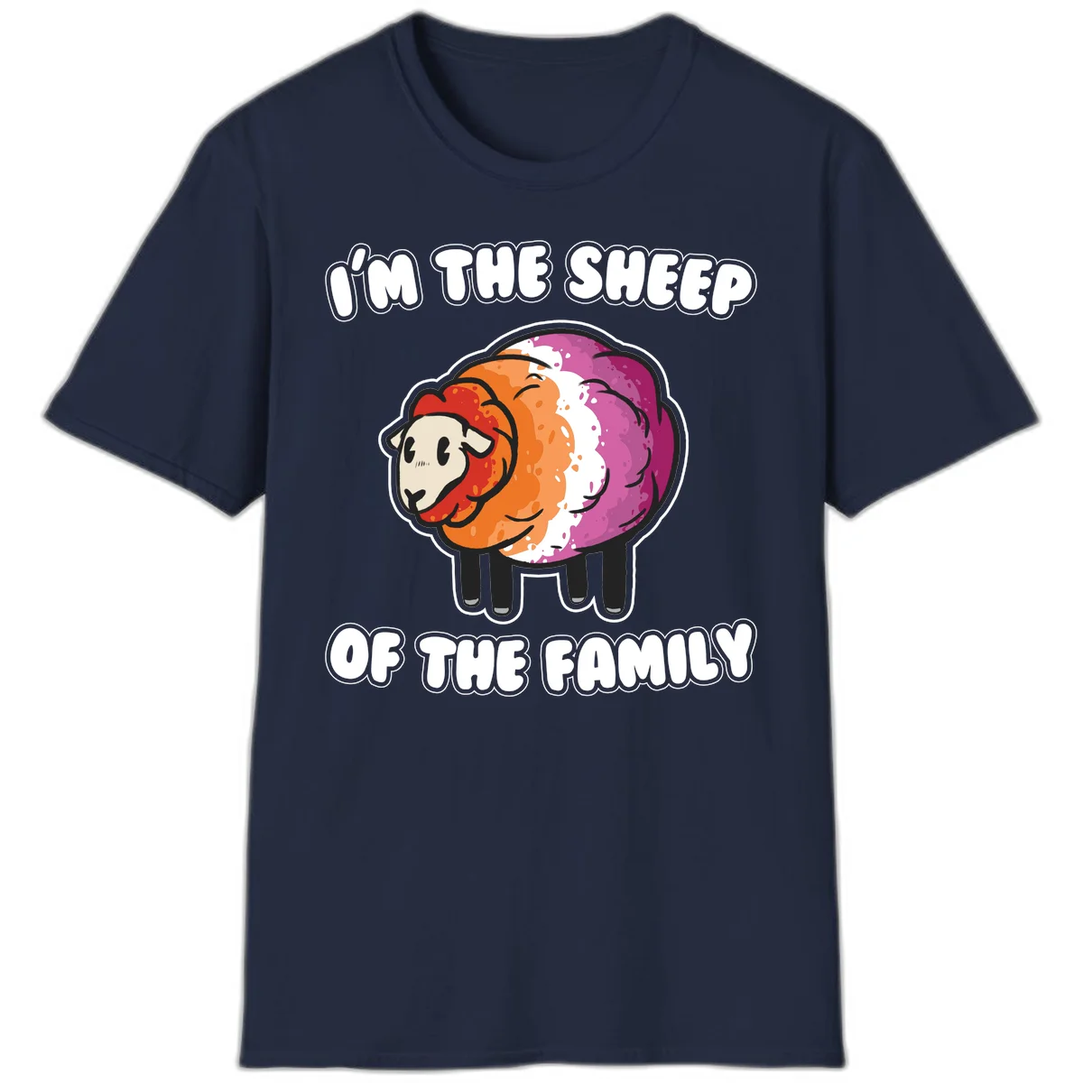 Colorful cartoon sheep with rainbow wool stripes and text 'I'm The Sheep Of The Family' on gray background in Navy