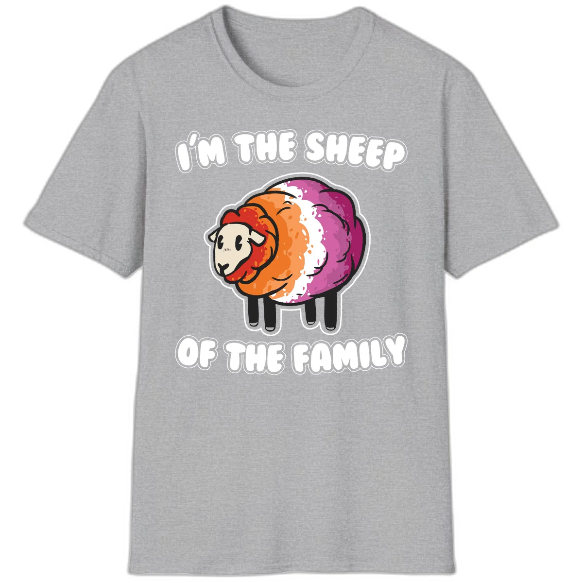 Colorful cartoon sheep with rainbow wool stripes and text 'I'm The Sheep Of The Family' on gray background in Sport Grey