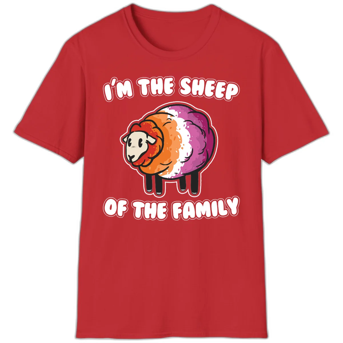 Colorful cartoon sheep with rainbow wool stripes and text 'I'm The Sheep Of The Family' on gray background in Red