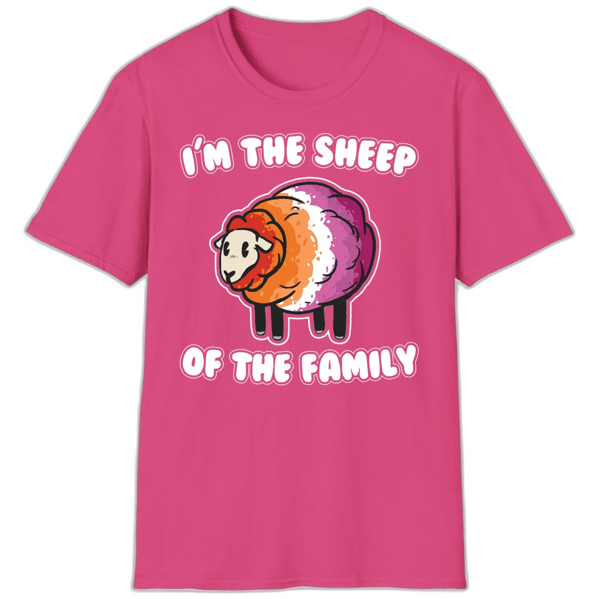 Colorful cartoon sheep with rainbow wool stripes and text 'I'm The Sheep Of The Family' on gray background in Heliconia