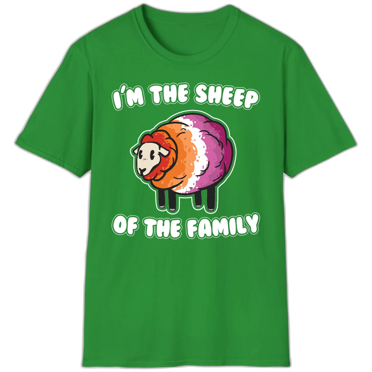 Colorful cartoon sheep with rainbow wool stripes and text 'I'm The Sheep Of The Family' on gray background in Irish Green